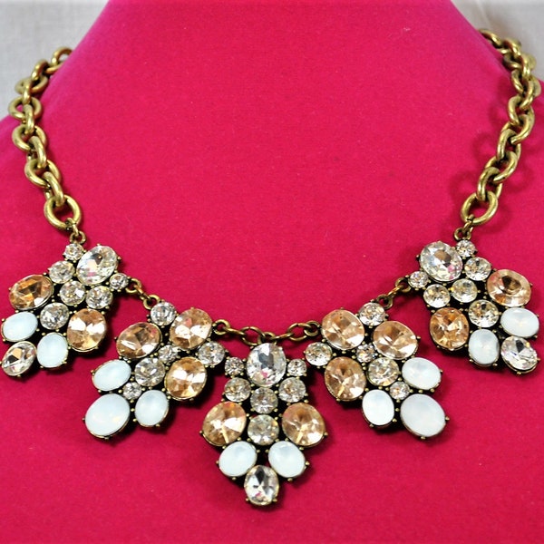 Runway Statement Necklace, Five Dangle Pendants, Gold Clear and Opalescent Faceted Rhinestones