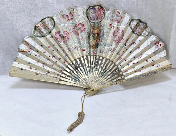 Vintage Paper Fan, Antique Silver Embellished Pap… - image 1