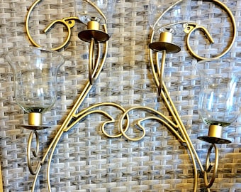 Gold Metal Hanging Candle Holders, Vintage Sconces with Glass Candle Holders