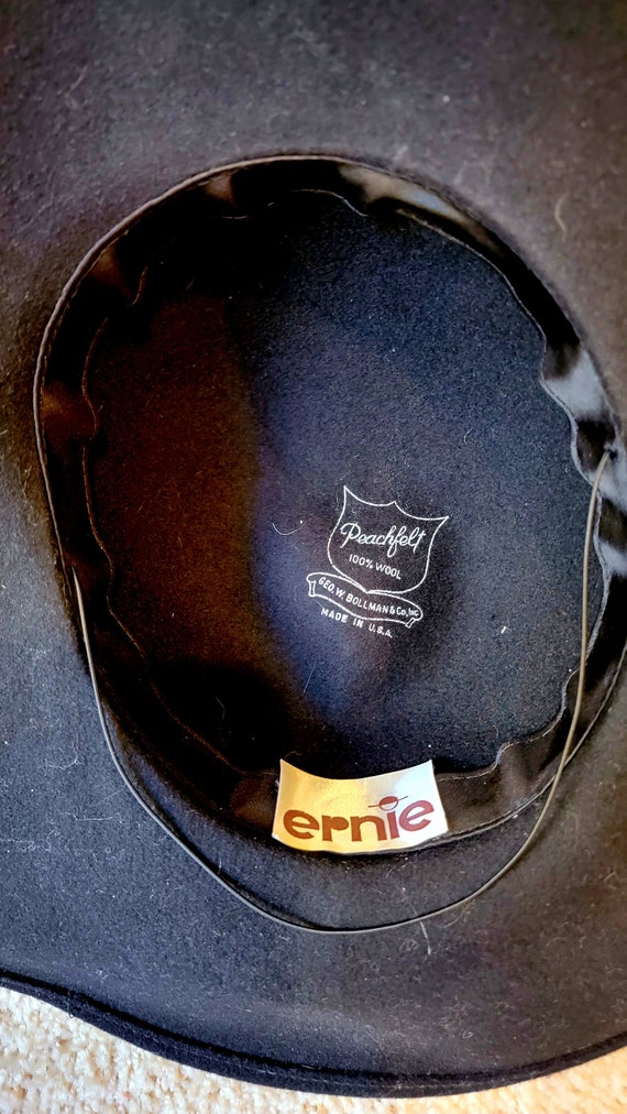 Vintage Ernie Black Wool Felt Hat Classic Wide Br… - image 4