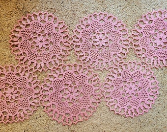 Ensemble de 6 napperons au crochet roses, ronds fabriqués à la main, 8-3/4" - 9" de diamètre