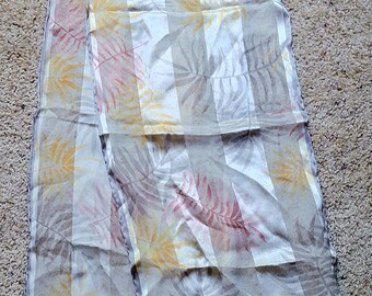 Vera Silk Scarf, For The Honey Collection, Oblong Taupe Beige Stripes and Leaves