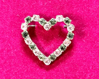 Pink and Gray Clear Rhinestone Heart Brooch Outline Shape - Vintage Heart Shaped Pin Crystal Stones