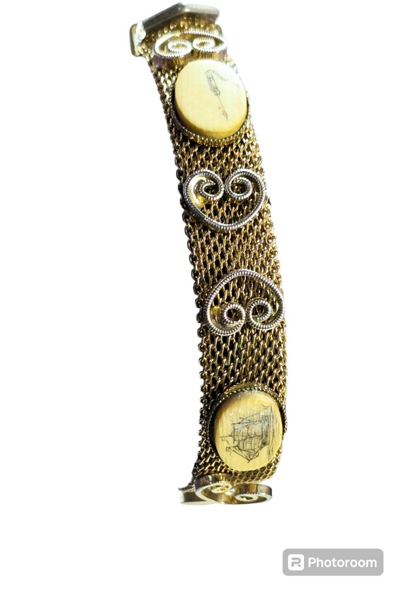 Gold Tone Mesh Bracelet, Belt Buckle Style, Whali… - image 1