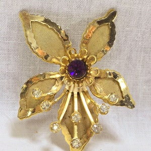 Vintage Gold Tone Mesh Orchid Flower Clear and Purple Rhinestones Brooch Pin