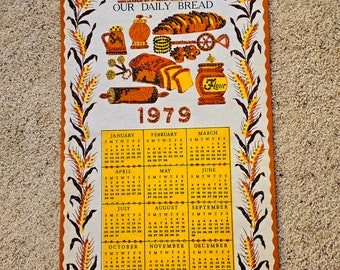 Vintage 1979 Felt Calendar Banner Sequin Beaded Wheat Harvest Handmade, Orange Yellow Brown