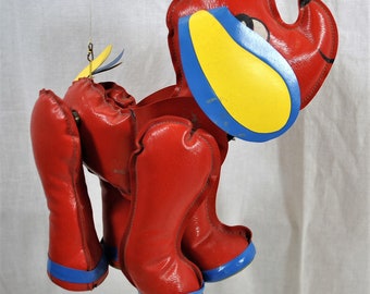 Vintage Dog Marionette in Red Yellow and Blue Oil Cloth, Walking Puppet