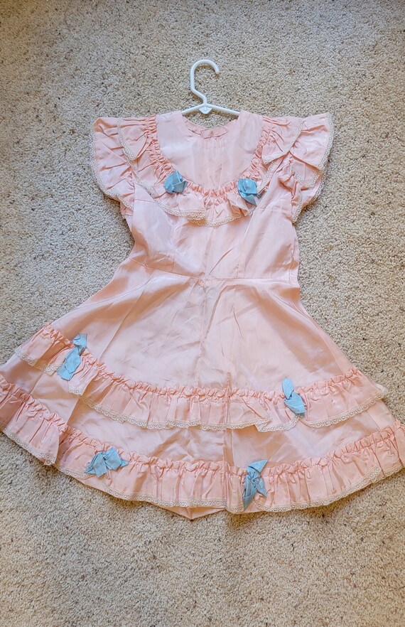 Vintage Pink Taffeta Girls Dress, with Blue Bows, 