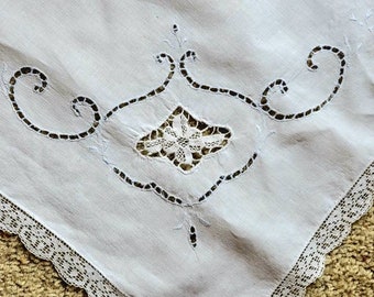 Vintage Card Table Cover, Open Work, Baby Blue Embroidery, Lace Edging, White Fine Cotton