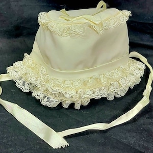 Vintage Baby Bonnet in White Nylon With Rows of Lace  - White Satin Bows and Ties - Christening/Baptism/Dedication
