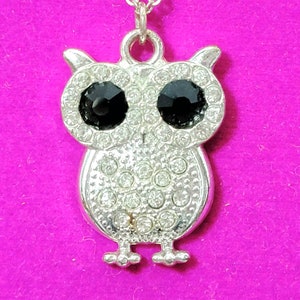 Vintage Silber Eule Anhänger Halskette - Große schwarze Strass Augen - Silber Kette mit Metall Eule -
