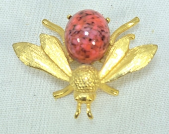 Fly Brooch in Gold Tone with Speckled Orange Jasper Stone