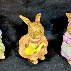 Lefton Bisque Figurines, Bunny Rabbits, Baking Cooking and Sipping Tea in a Rocking Chair