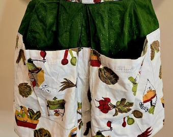 Vintage Vegetable Print Apron: Green, Gold, Red, Brown with Pockets