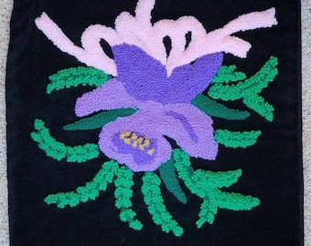 Vintage Punch Needle Accent Pillow Purple Flower with Green on Black Velvet 17” x 16”