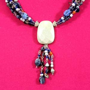 FINAL SALE Vintage Coldwater Creek Beaded Necklace, Shades of Blue with Silver Beads, Hatched Pendant with Beaded Tassel Dangle Tassel