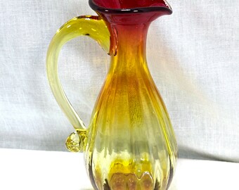 Vintage Amberina Glass Creamer Pitcher 5-1/2" Tall - Applied Smooth Handle, Red Orange and Yellow