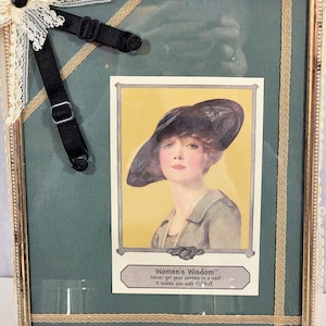 FINAL SALE Women&#39;s Wisdom Humorous Vintage Card, Framed with Lace and Garter Accents, Hand Made