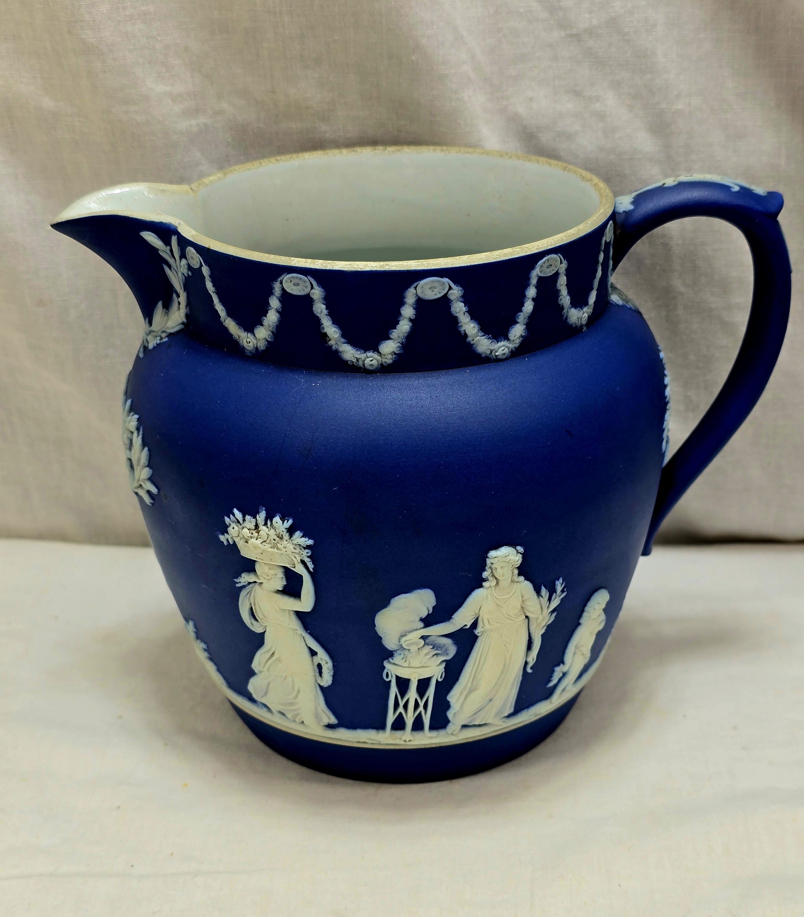 Antique Wedgwood Large Dark Blue Jasperware Pitcher, Made in