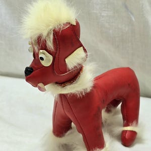 Vintage 1960&#39;s Dakin Leatherpets Red French Poodle, Stuffed Plush Doll with Bunny Fur Embellishments