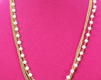 Four Strand Necklace, Vintage Chains with Faux Pearls