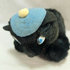 Vintage Black Kitten Plush Wearing A Blue Tam Cap