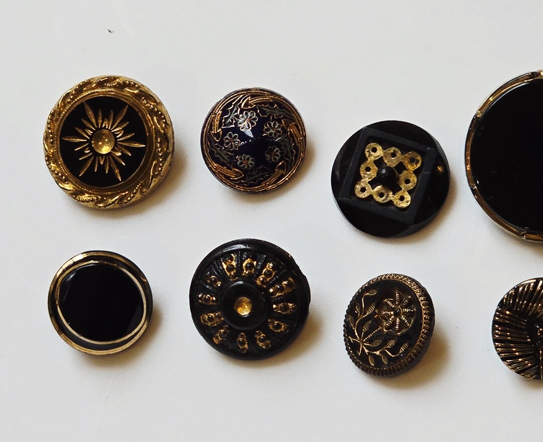 Vintage Black Jet Glass Buttons With Gold Embellishment - Lot of 10 - Etsy
