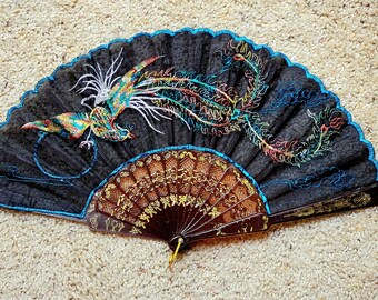 Folding Hand Fan Embroidery Fire Bird on Black Chiffon Asian Design