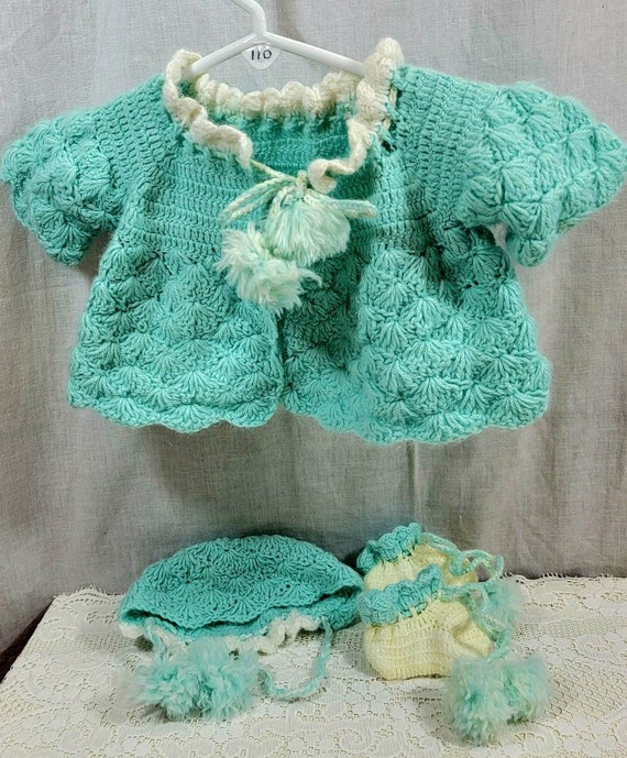 Hand Crocheted Newborn Baby Outfit, Matching Blue… - image 1