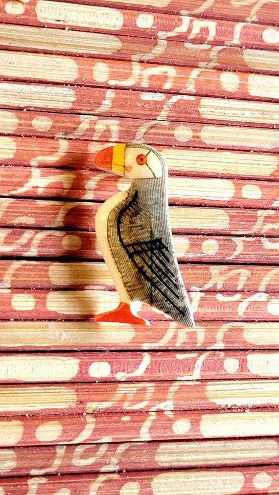 Puffin Brooch, Hand Painted and Etched by Marac