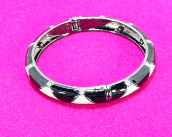 Signed Joan Rivers Black and Beige Enamel Hinged Bangle Bracelet