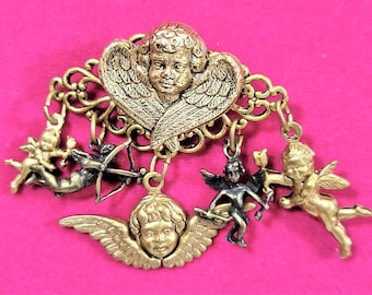 Denise Brown Hanging Cupids GoldTone Brooch