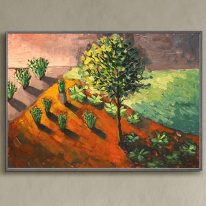 Ölgemälde | Fine Art Print: Goldene Stunde im Garten; Helle botanische Gartenmalerei, Bäume und Pflanzen, Landschaftsmalerei.