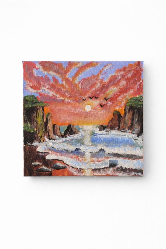 Sunset Beach Canvas Painting - Original Art (7.8x7.8 Inch) - Etsy