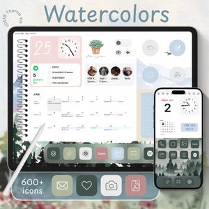 Puede incluir: Un kit de tema digital con un diseño de acuarela, que presenta una tableta y un teléfono que muestran una interfaz coordinada. La tableta muestra un calendario, un reloj e iconos de aplicaciones. El teléfono muestra una interfaz coincidente. El tema incluye más de 600 iconos.