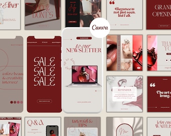 Op de afbeelding: Een verzameling social media post sjablonen met een rood en wit kleurenschema. De sjablonen bevatten tekst zoals "Sale", "Grote Opening", "Naar onze nieuwsbrief", "De kunst van het leven" en "Word lid van onze wachtlijst".