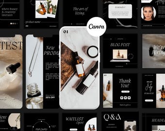 May include: A collection of social media post templates featuring a black and white color scheme with gold accents. The templates include text such as "New Product", "Waitlist Open", "Blog Post", "Thank You", "Q&A", and "Header".