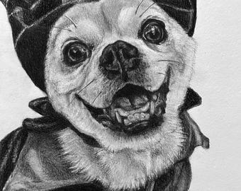 May include: A black and white pencil drawing of a dog wearing a witch's hat and a cape. The dog is smiling with its tongue out.