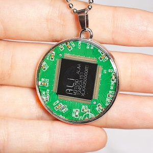 RECYCLED Circuit Board Necklace, Upcycled Tech Jewelry, Handmade Green PCB Pendant, Eco-Friendly Geek Gift, Gift for him