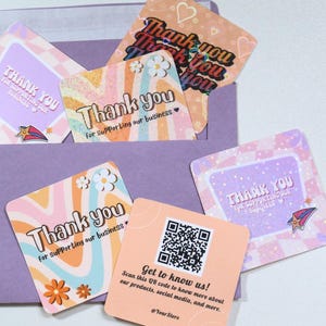 May include: A set of five colorful thank you cards with a retro design. The cards feature a variety of patterns and designs, including flowers, stars, and hearts. The text on the cards reads "Thank you for supporting our business". One card also includes a QR code with the text "Get to know us! Scan this QR code to know more about our products, social media, and more. @YourStore".
