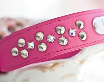 Leather Collar, Studded Leather Collar, Personalized, Sturdy Leather Collar, Bling Collar, Pink Leather Collar, Crystal Dog Collar, 1.5 inch