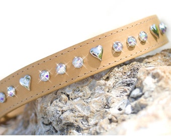 Crystal Dog Collar with Hearts, Leather Dog Collar, Goat Collar, Sparkly Dog Collar, Puppy Collar, Equine Dog Collar, Bling Collar