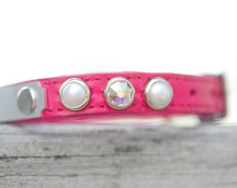 Small Chihuahua Collar, Personalized Teacup Dog Collar, Tiny Crystal Collar, Pearl Cat Collar, Thin Collar with Name, Designer Dog Collar