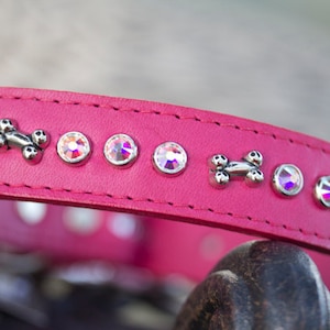 Leather Collar, Crystal Collar, Swarovski Crystals, Jeweled Dog Collar, Collar with Bones and Crystals, 1 inch wide, Sparkly Collar, Puppy
