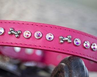 Leather Collar, Crystal Collar, Swarovski Crystals, Jeweled Dog Collar, Collar with Bones and Crystals, 1 inch wide, Sparkly Collar, Puppy