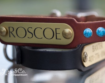 Personalized Dog Collar with Name Plate, Leather Turquoise Dog Collar, Leather Collar with Turquoise, Personalized Leather Dog Collar