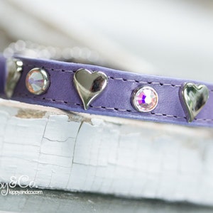 Lavender Heart Crystal Dog Collar, Leather Dog Collar, Jeweled Dog Collar, Small Dog Collar, Puppy Collar, Collar for girl, Dog Collar