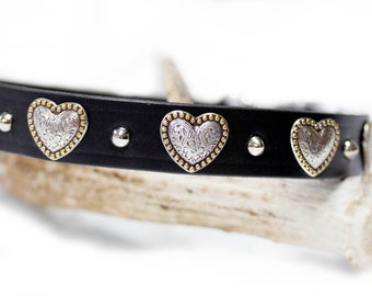 Latigo Leather Dog Collar, 1 inch, Heart Concho, Studded