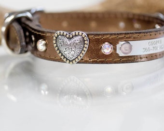 Dog Collar, Personalized Collar, Heart dog Collar, Crystal Collar, Dog Collar Personalized, Metallic Dog Collar, Metallic Leather, 3/4 inch