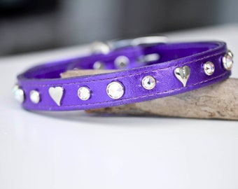 Purple Metallic Leather Dog Collar, Purple Leather Dog Collar, Crystal Dog Collar, Heart Crystal Dog Collar